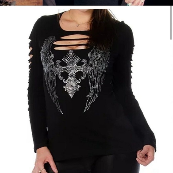Women’s black long sleeve sexy black top with embellishing - Picture 2 of 13